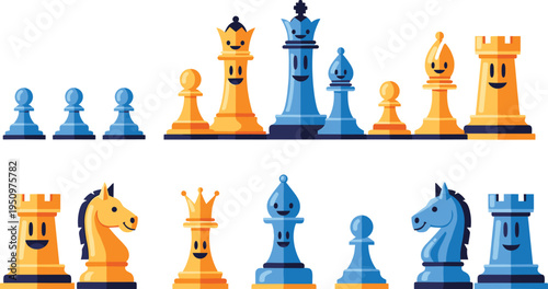 Colorful Chess Pieces Collection with King Queen Rook Bishop Knight and Pawn Characters for Strategy Board Game Design Education and Intellectual Sports Graphics.