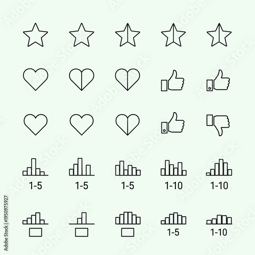 Black line icons of stars hearts thumbs.