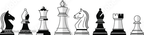 Classic Chess Pieces Collection Featuring King Queen Rook Bishop Knight and Pawn Strategy Game Symbols for Board Game Design Education and Intellectual Sports Graphics.