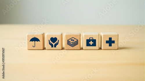 Wooden blocks with icons symbolize comprehensive health, insurance, finance, and care, representing holistic protection and financial stability for overall well-being