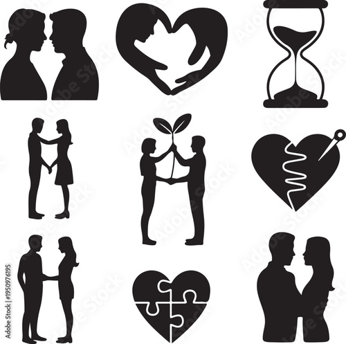 Black silhouettes of couples and hearts on white background