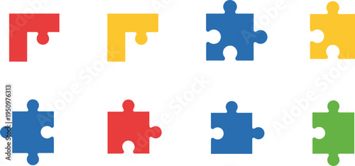 Simple Puzzle Piece Icon Set with Colorful Jigsaw Elements for Teamwork Problem Solving Strategy Concepts Education Graphics and Creative Design.