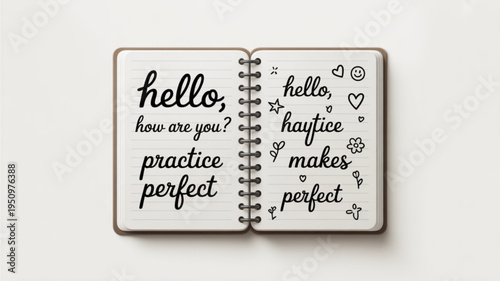 Handwritten phrases and doodles in an open notebook practice makes perfect concept for education or journaling isolated on white background