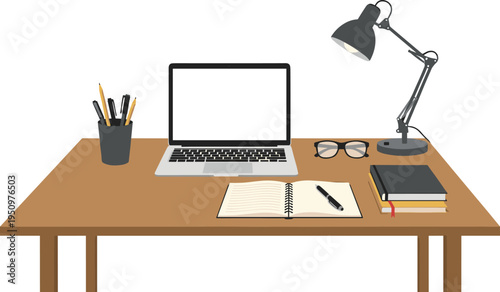 Minimalist Study Desk Workspace Illustration with Laptop Notebook Books Glasses Pen Holder and Desk Lamp for Home Office Productivity and Student Study Setup.