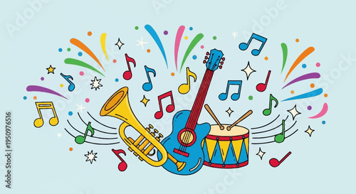 Colorful musical instruments and notes in festive atmosphere for party and celebration