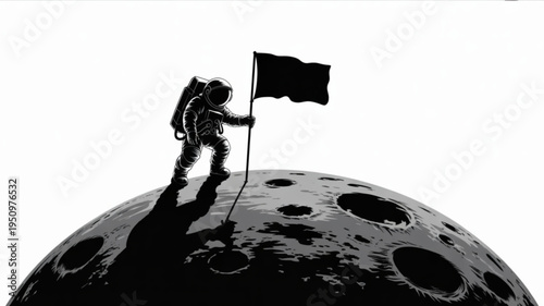 Astronaut planting a flag on the moon surface representing space exploration discovery and achievement isolated on white background
