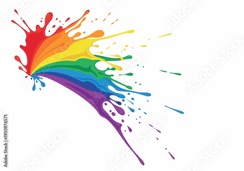 Vibrant rainbow paint splash exploding outwards, symbolizing creativity, diversity, and a burst of color on a white background