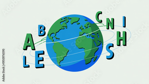 Global communication concept with letters orbiting the Earth representing international connection and language exchange perfect for branding and education
