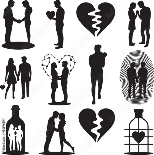 Black silhouettes of couples and hearts on white background