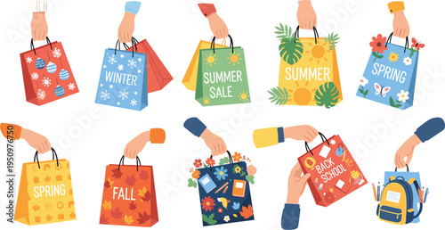 Seasonal shopping bags vector illustration set with winter, spring, summer and fall sale themes, colorful retail packages for ecommerce and marketing design