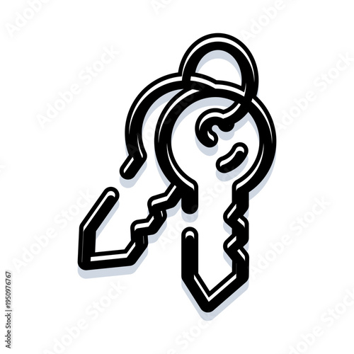 Pair of black outline keys on a keyring creating a visual symbol for property, access, security, success, and ownership isolated on a white background