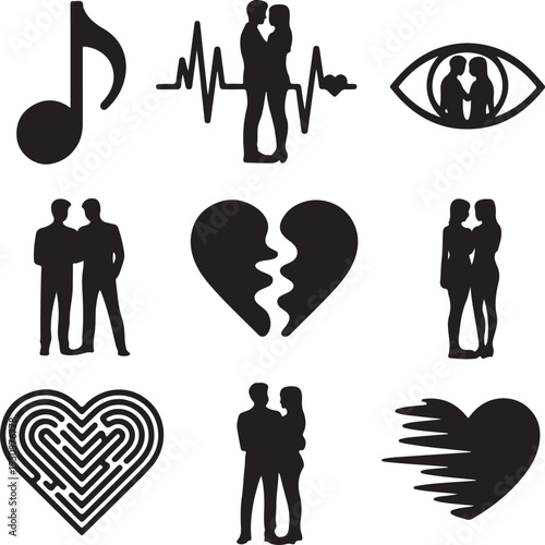 Black silhouettes of couples and hearts on white background