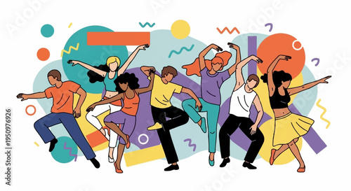 Diverse group of people dancing together in a vibrant colorful background with dynamic shapes and patterns conveying joy and celebration