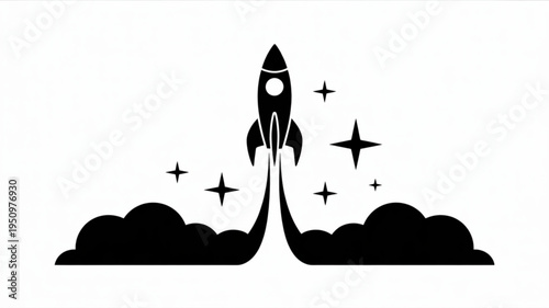 Black rocket launching into space with stars and smoke clouds a simple vector illustration for concepts of startup exploration and success