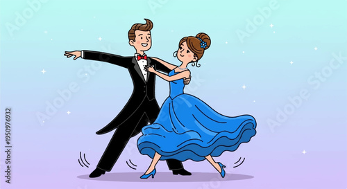 Man and woman dancing ballroom waltz in formal attire on gradient background