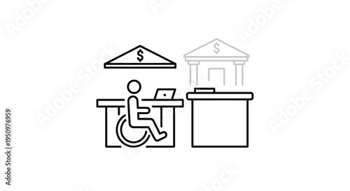 Accessible Banking: Person in Wheelchair at Bank Counter with Laptop and Dollar Sign