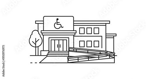 Accessible Building Entrance with Wheelchair Ramp and Handicap Symbol