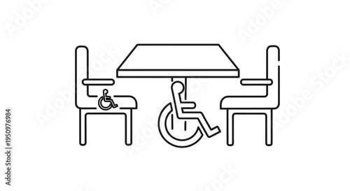 Accessible cafe table with chairs and wheelchair symbol, inclusive design