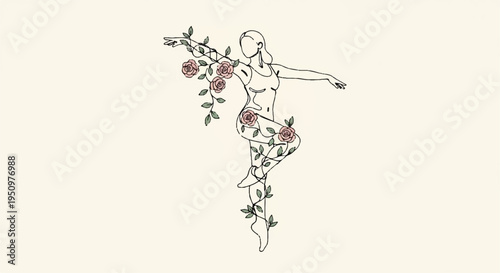 Woman dancing with flowers elegant line art illustration on beige background floral design
