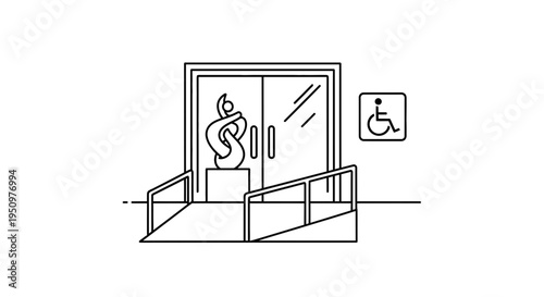 Accessible Entrance to Art Gallery with Sculpture and Wheelchair Symbol