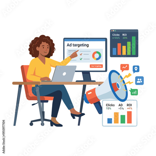 A woman analyzes ad targeting data on her laptop at a desk.