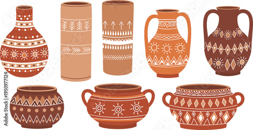 Traditional ceramic pottery vector illustration set with decorative ethnic vases and clay pots, handmade tribal patterns, rustic home decor collection