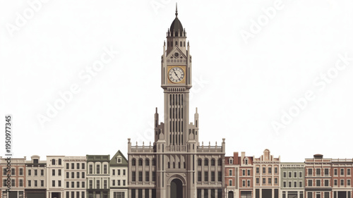 Elaborate Victorian building with a prominent clock tower detailed facade and row of townhouses architectural illustration for historical city concepts