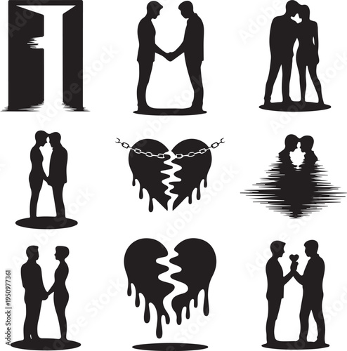 black silhouettes of couples and hearts on white background