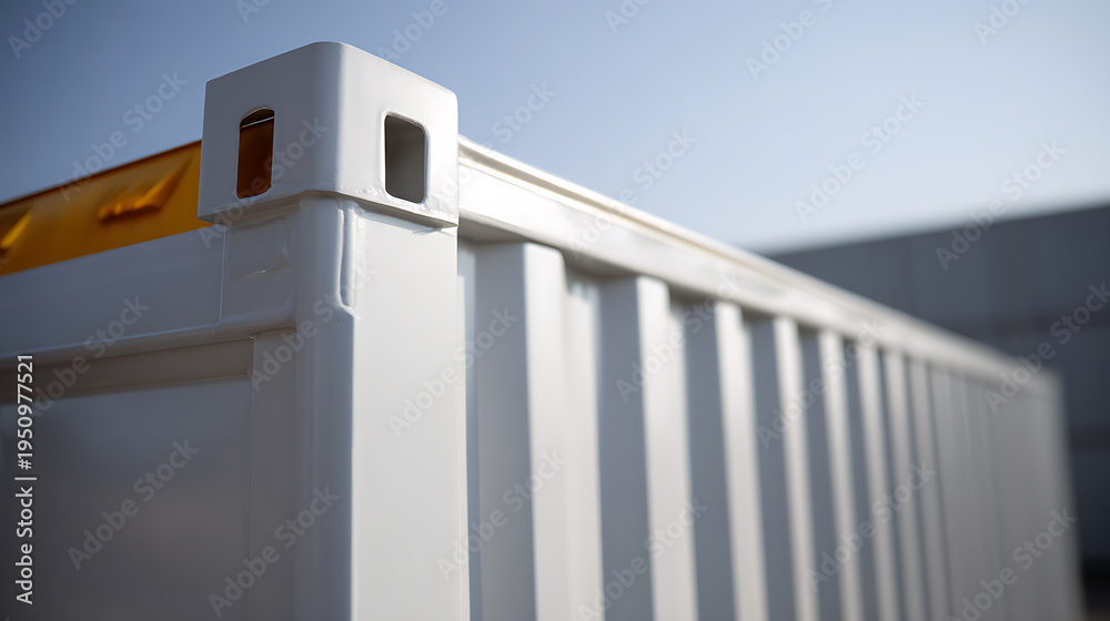 Obraz premium Close-up of a white industrial shipping container corner with a visible yellow top element under a bright, clear sky, symbolizing global trade and logistics