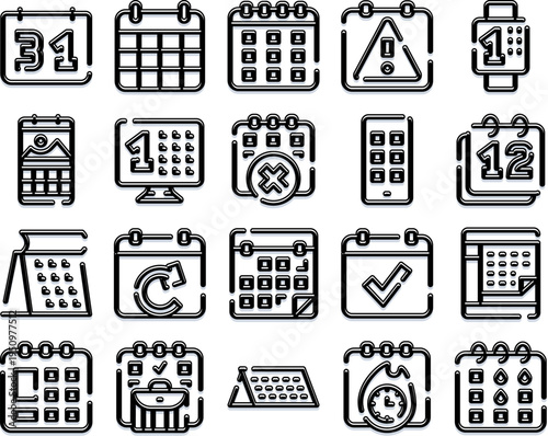 Collection of outline icons representing various calendar functions, indicating scheduling, time management, important deadlines, and event organization across different digital devices