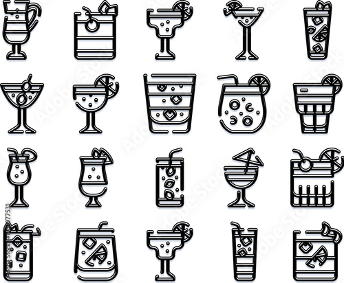 Diverse collection of line art icons depicting various alcoholic and non alcoholic beverages, including mojitos, margaritas, and other mixed drinks, perfect for menus and web designs