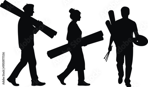 Creative people carrying art supplies silhouettes, artists walking with canvas, brushes and drawing tools vector illustration isolated collection