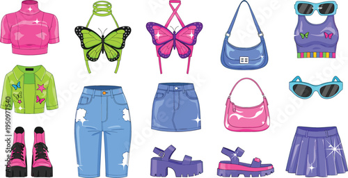 Trendy Y2K fashion outfit vector illustration set with crop tops, denim jeans, butterfly tops, platform shoes and accessories, colorful aesthetic clothing collection