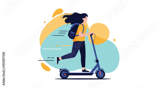 Energetic young woman with a backpack riding an electric scooter through colorful clouds, symbolizing speed and motion.