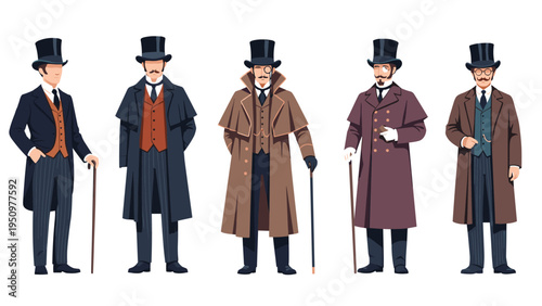 Group of five men showcasing various styles of Victorian era formal attire, featuring top hats, long coats, and canes.