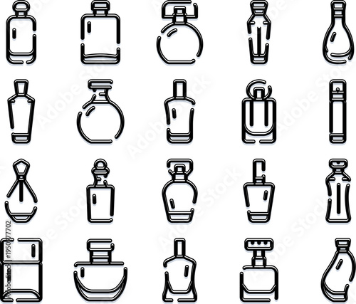 Collection of various perfume and fragrance bottle icons, showcasing elegant designs representing beauty products, luxury, fashion, and personal care concepts