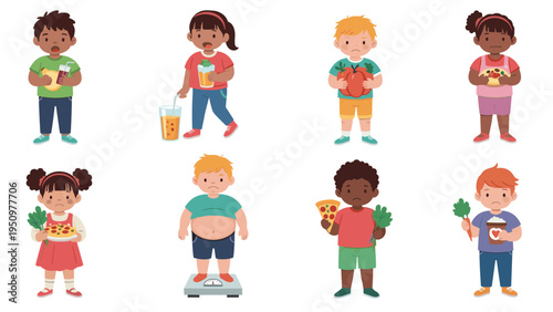 Diverse children dealing with obesity and unhealthy eating habits while standing next to junk food and weighing scales.