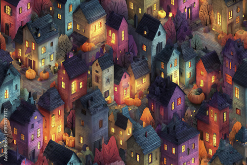 Isometric spooky Halloween town seamless pattern with haunted houses, glowing windows, pumpkins, and bare trees creating mysterious and eerie autumn night atmosphere