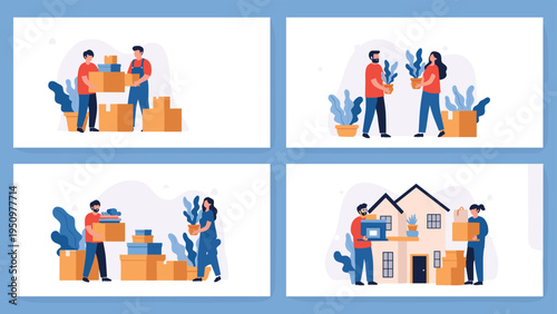 Family and professional movers carrying boxes and potted plants while moving into a new home in a four-part sequence.