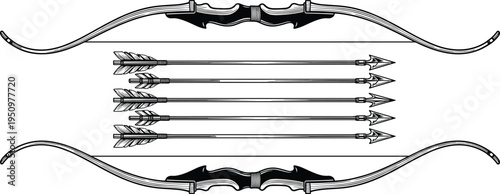 Vintage hand drawn archery illustration featuring two recurve bows and five sharp arrows with feathers isolated on white background for logo design projects