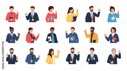 Set of diverse male and female professionals in business attire giving thumbs up gestures and pointing upwards.