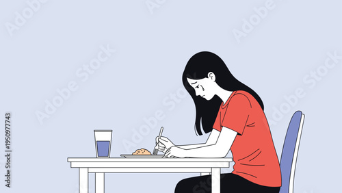 Sad woman sitting at a table and crying while eating a simple meal by herself in a minimalist room with soft light.