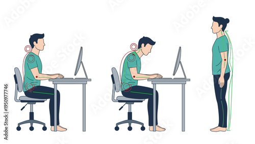 Infographic showing the difference between correct and incorrect sitting and standing postures for spinal health.