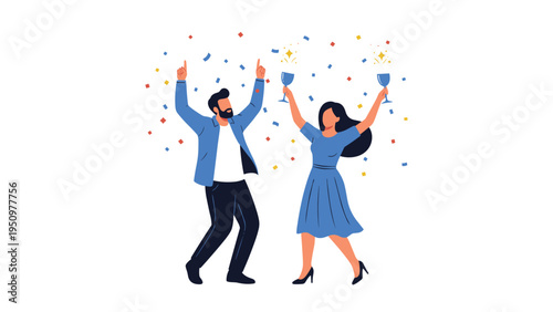 Happy couple dancing and celebrating a special occasion with glasses of champagne and colorful confetti around them.