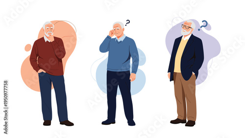 Three senior men in different poses expressing confusion, deep thought, and searching for answers with question marks.