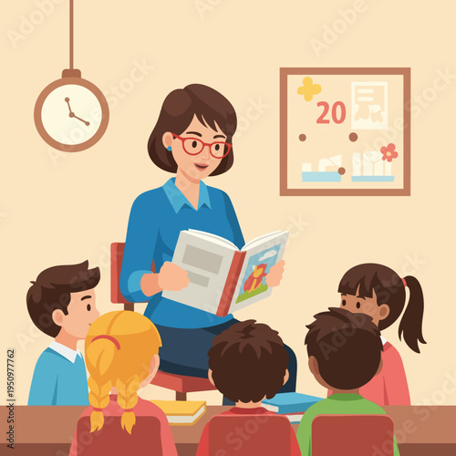 Teacher reads a book to attentive children in a classroom
