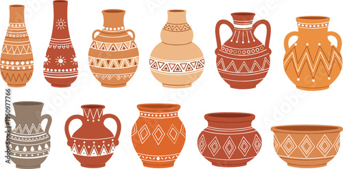 Traditional clay pottery vector illustration set with decorative ethnic vases and ceramic pots, handmade tribal patterns, rustic home decor collection design
