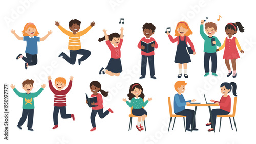 Collection of diverse children characters engaged in various activities like jumping, reading, studying, and singing.