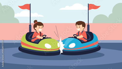 Happy boy and girl driving colorful bumper cars and crashing into each other at an amusement park carnival ride.