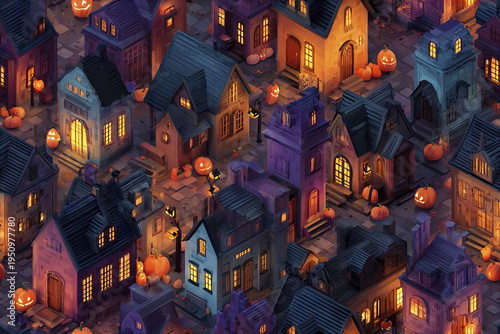 Isometric spooky Halloween town seamless pattern with haunted houses, glowing windows, and carved pumpkins creating mysterious and festive autumn night atmosphere